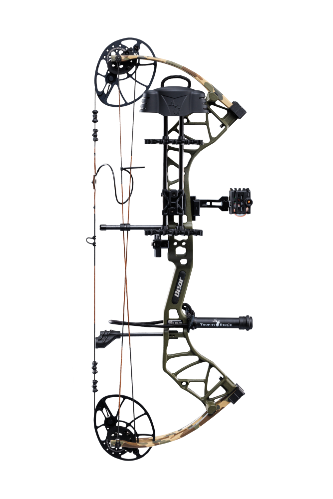 Side view of the Bear Archery Legit MAXX RTH Special Edition compound in color Throwback Green highlighting its 30-inch axle-to-axle length and 6.25” brace height.
