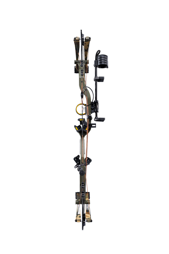 Full view of the Bear Archery Legit MAXX RTH Special Edition compound bow in color Throwback Green shown from behind.