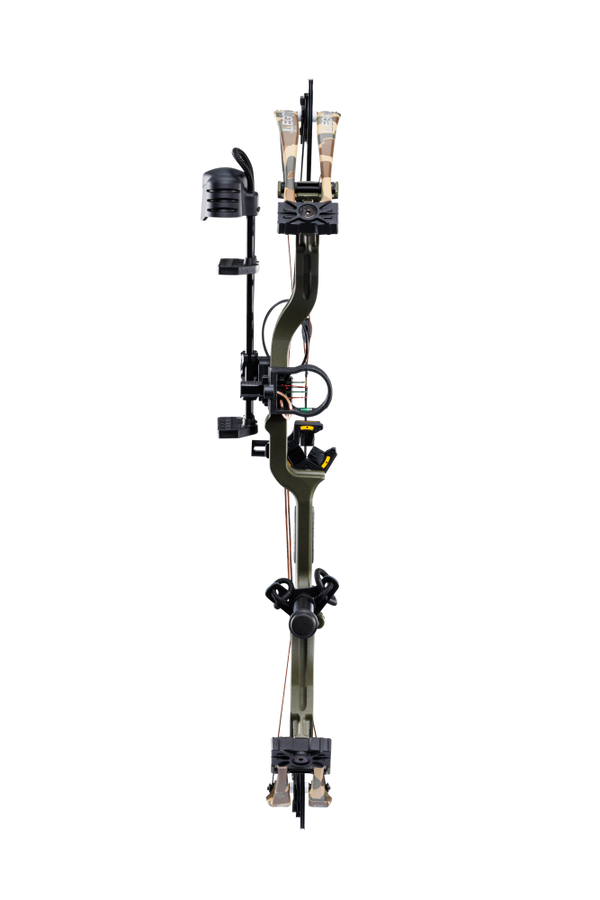 Front view of the Bear Archery Legit MAXX RTH Special Edition compound bow with a 30” axel-to-axel and a sleek modern finish in color Throwback Green.