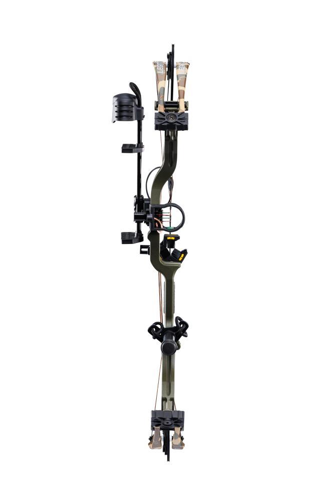 Front view of the Bear Archery Legit MAXX RTH Special Edition compound bow with a 30” axel-to-axel and a sleek modern finish in color Throwback Green.