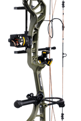Close up of the Bear Archery Legit MAXX RTH Special Edition riser in color Throwback Green featuring Trophy Ridge ready-to-hunt accessories.