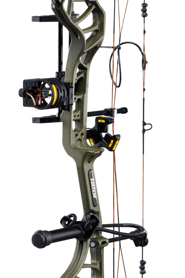 Close up of the Bear Archery Legit MAXX RTH Special Edition riser in color Throwback Green featuring Trophy Ridge ready-to-hunt accessories.