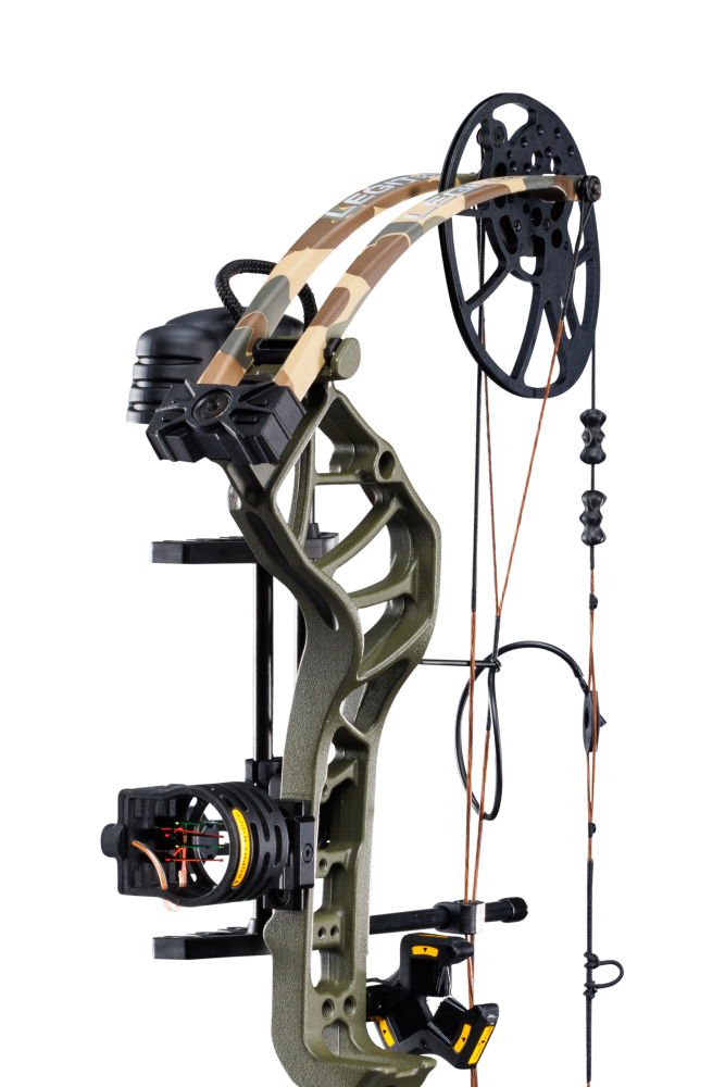 Close up of the Bear Archery Legit MAXX RTH Special Edition compound bow limbs, and picatinny sight mounting location.