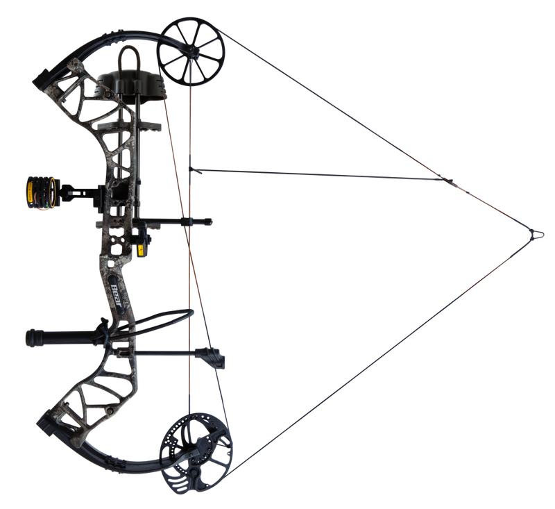 The Bear Archery Species XT single cam compound bow at full draw.