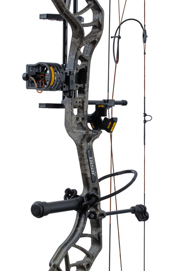 Close up of the Bear Species XT RTH riser in True Timber Strata and Trophy Ridge ready-to-hunt accessories.