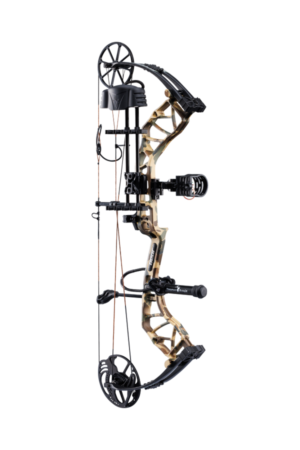 The Bear Species XT single cam compound bow includes IMS® V-Biscuit rest, Picatinny-mounted 4 pin sight, 5 arrow quiver, stabilizer, peep sight, and wrist sling.