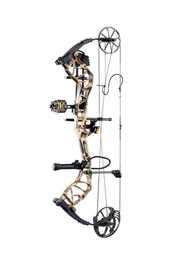 Side view of the Bear Species XT RTH single cam compound bow in color Fred Bear highlighting its single cam drawing system.