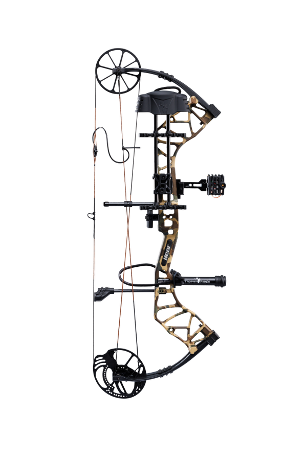 Side view of Bear Species XT single cam bow equipped with top-of-the-line Ready-to-Hunt package from Trophy Ridge.