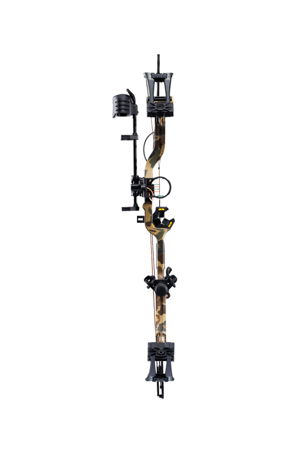 Front view of the Bear Species XT RTH single cam compound bow with a 30” axel-to-axel and a sleek modern finish in color Fred Bear.