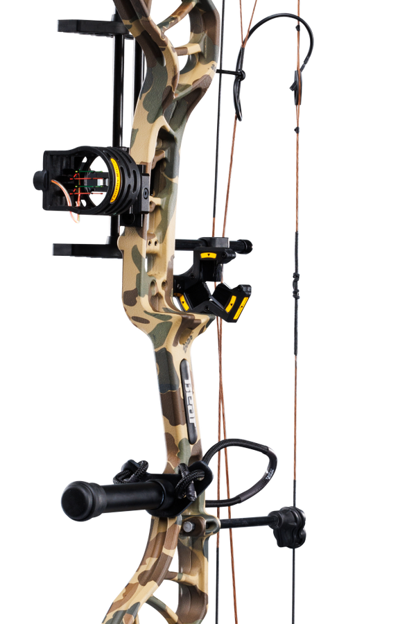 Close up of the Bear Species XT RTH riser in Fred Bear Camo and Trophy Ridge ready-to-hunt accessories.