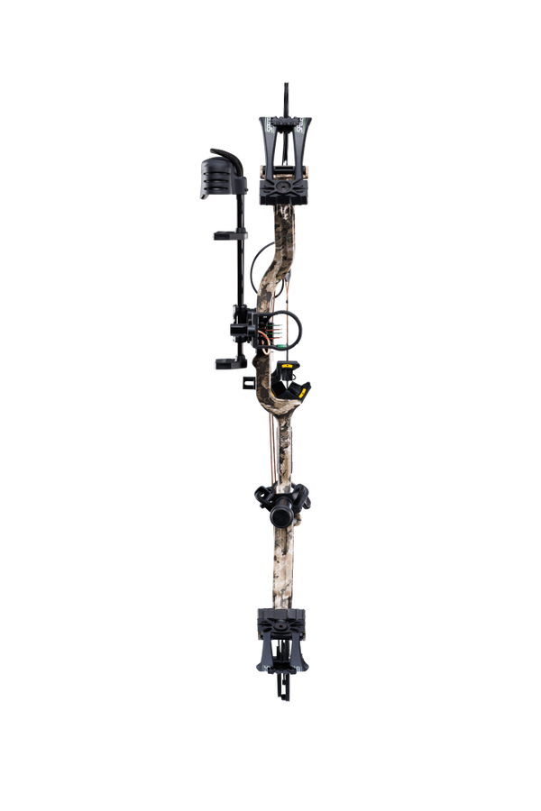 Front view of the Bear Species XT RTH single cam compound bow with a 30” axel-to-axel and a sleek modern finish in color Veil Whitetail.