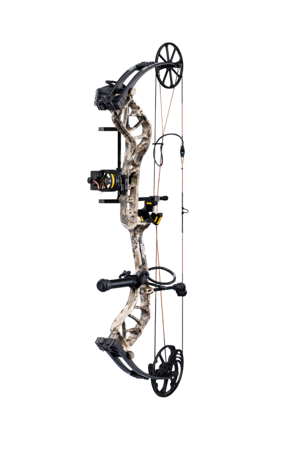 Side view of the Bear Species XT RTH single cam compound bow in color Veil Whitetail highlighting its single cam drawing system.