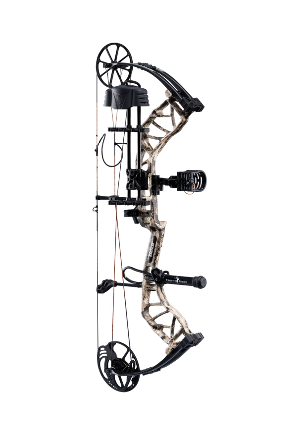 Side view of Bear Species XT single cam bow equipped with top-of-the-line Ready-to-Hunt package from Trophy Ridge.