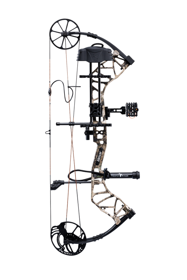 Side view of Bear Species XT single cam bow equipped with top-of-the-line Ready-to-Hunt package from Trophy Ridge.