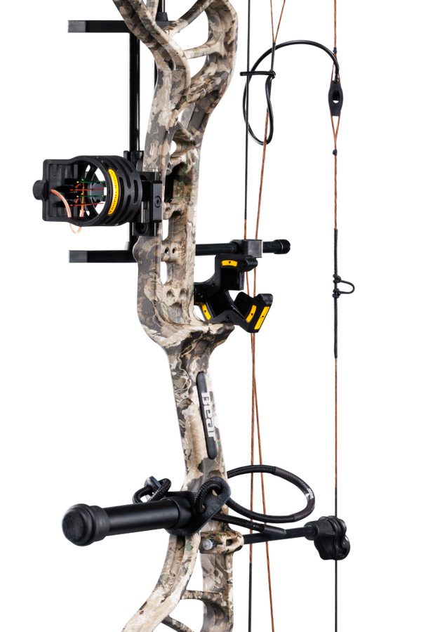 Close up of the Bear Species XT RTH riser in Black and Trophy Ridge ready-to-hunt accessories.