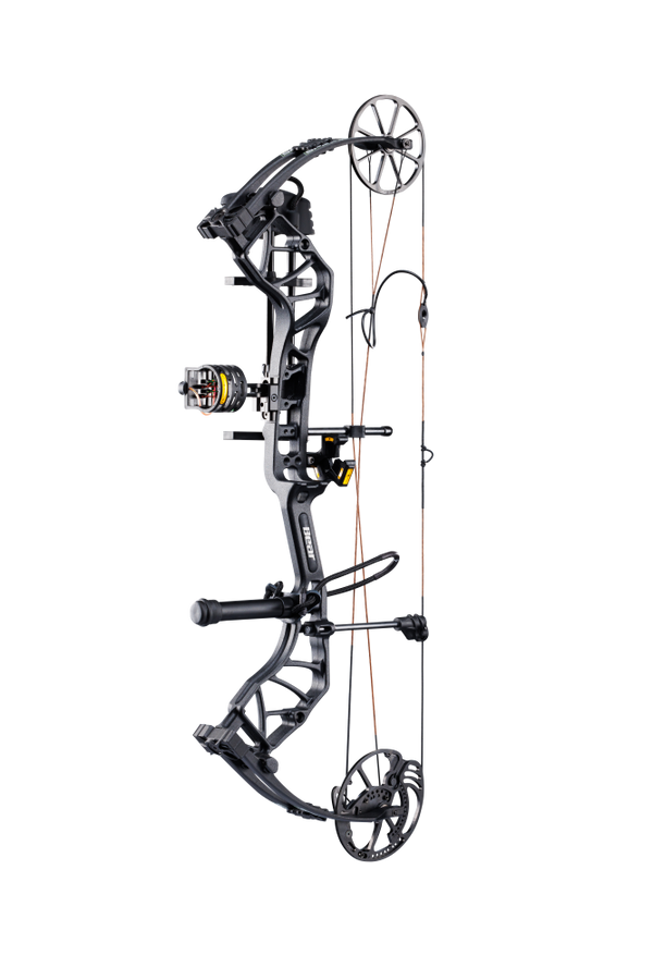 Side view of the Bear Species XT RTH single cam compound bow in color Black highlighting its single cam drawing system.