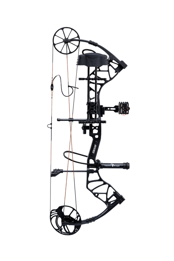 The Bear Species XT single cam compound bow includes IMS® V-Biscuit rest, Picatinny-mounted 4 pin sight, 5 arrow quiver, stabilizer, peep sight, and wrist sling.