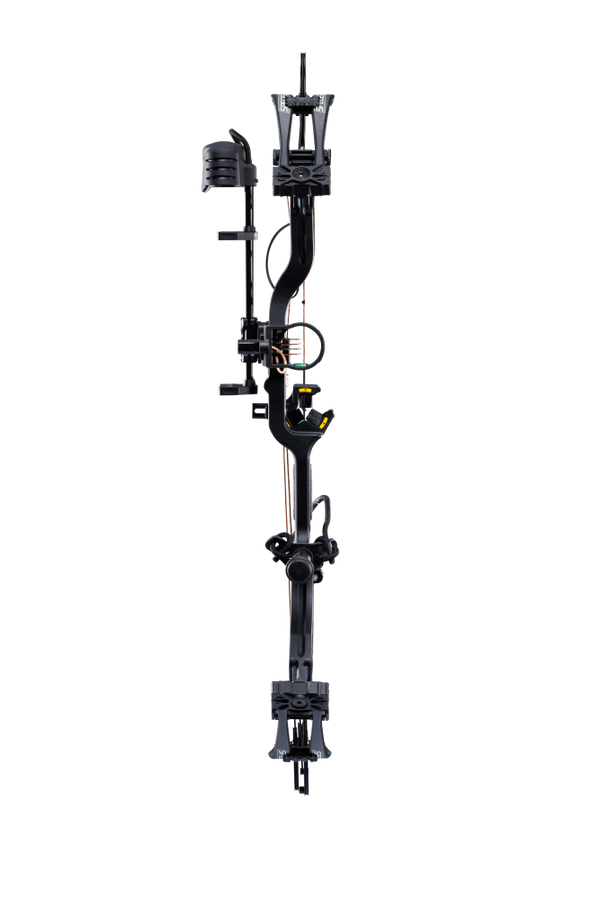 Front view of the Bear Species XT RTH single cam compound bow with a 30” axel-to-axel and a sleek modern finish in color Black.