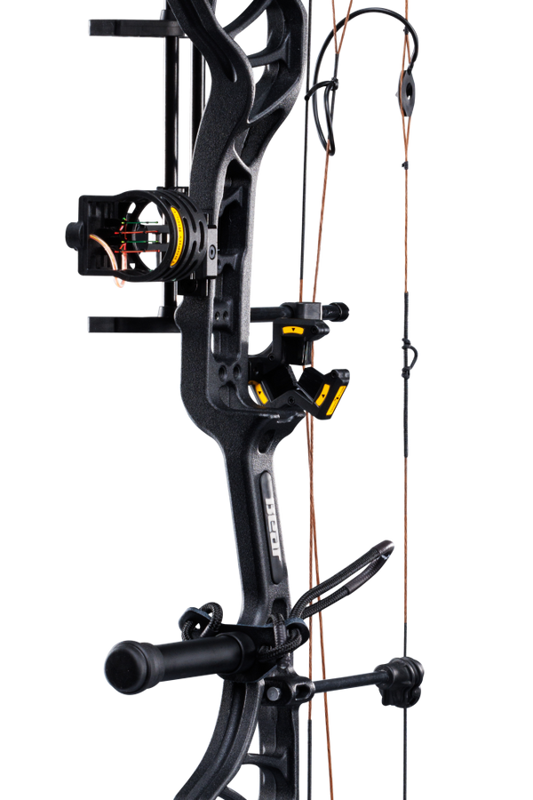 Close up of the Bear Species XT RTH riser in Black and Trophy Ridge ready-to-hunt accessories.