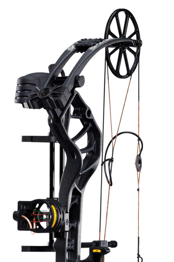 Close up of the single cam system, compound bow limbs, and picatinny sight mounting location on the Bear Species XT RTH in color Black.