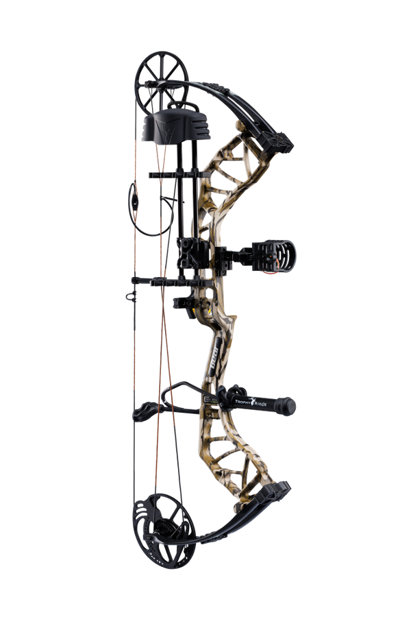 Side view of Bear Species XT single cam bow equipped with top-of-the-line Ready-to-Hunt package from Trophy Ridge.