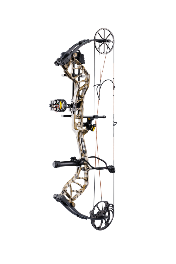 Side view of the Bear Species XT RTH single cam compound bow highlighting its single cam drawing system.