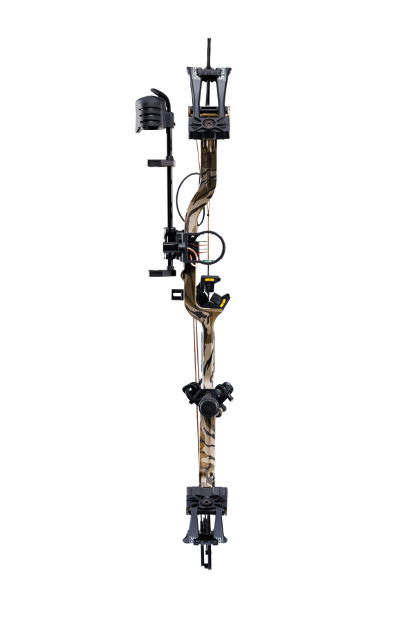 Front view of the Bear Species XT RTH single cam compound bow with a 30” axel-to-axel and a sleek modern finish in color Mossy Oak Bottomland. 