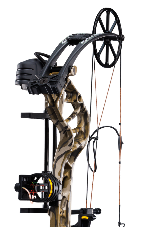 Close up of the single cam system, compound bow limbs, and picatinny sight mounting location on the Bear Species XT RTH.