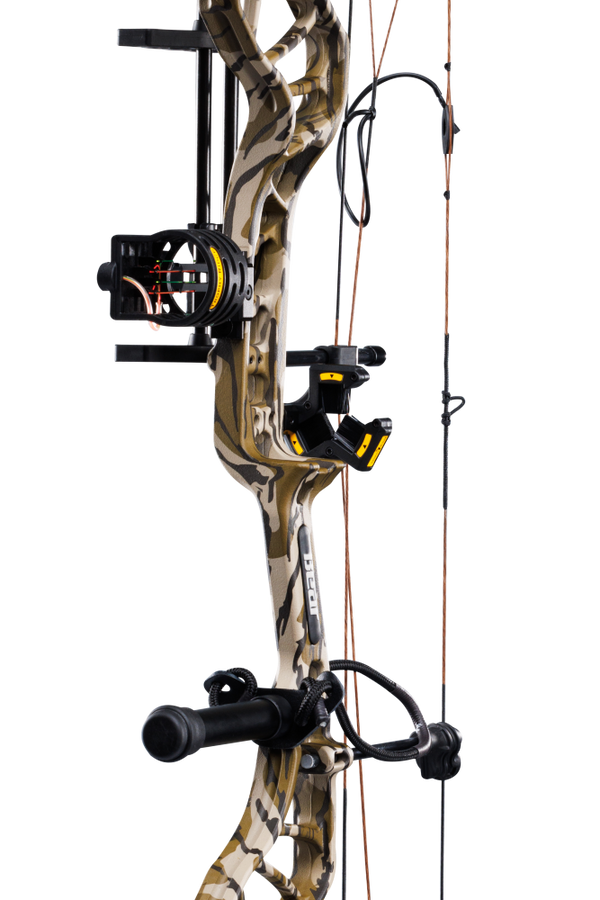 Close up of the Bear Species XT RTH riser in Mossy Oak Bottomland and Trophy Ridge ready-to-hunt accessories.