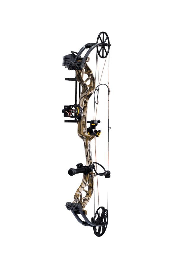 Bear Species XT single cam compound bow with Trophy Ridge Ready-to-Hunt package in Mossy Oak Bottomland.