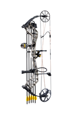Bear Archery Species XT RTH Extra aimed left. The Bear Species bow is shown in the True Timber Strata color. 
