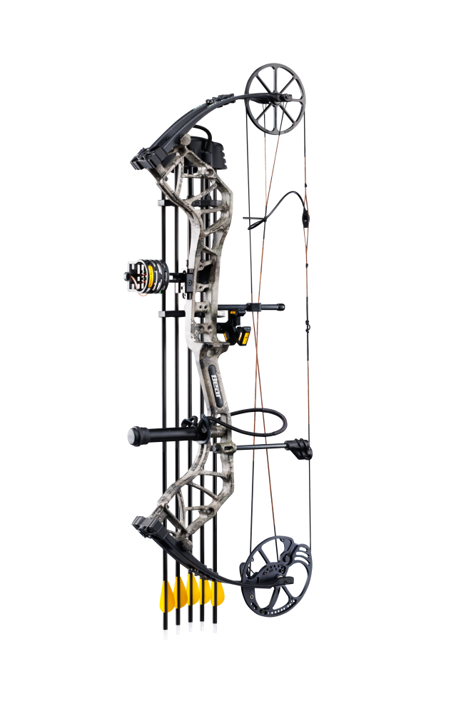 Bear Archery Species XT RTH Extra aimed left. The Bear Species bow is shown in the True Timber Strata color. 