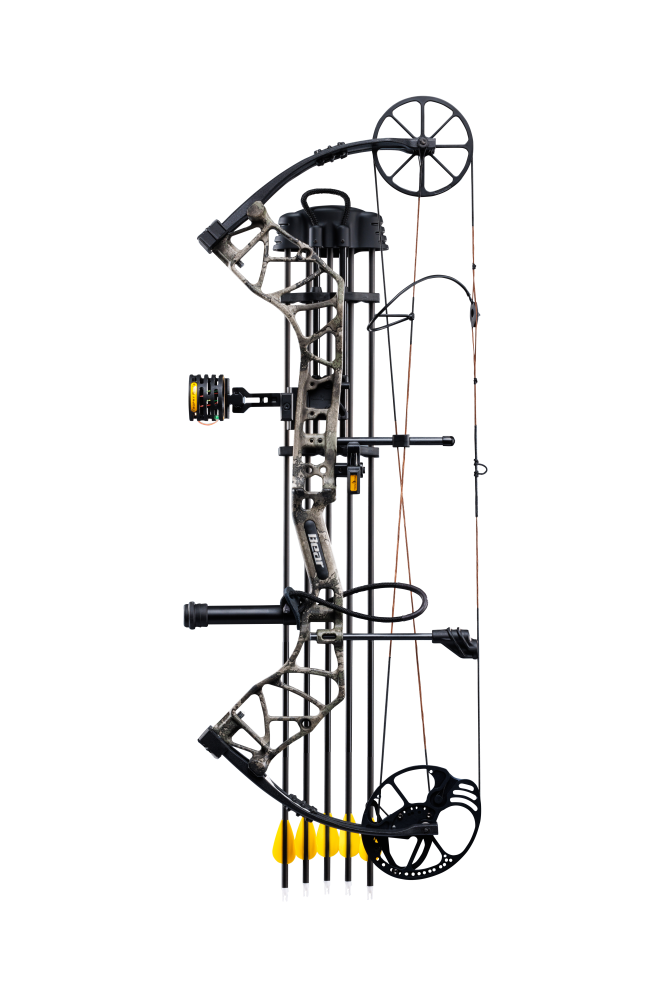 Side image of the Bear Archery Species XT RTH Extra. This Bear Species bow is equipped with This bow comes with a ready-To-Hunt package from Trophy Ridge, plus five arrows, five inserts, five 100 grain field points, release, and three Broadheads. 