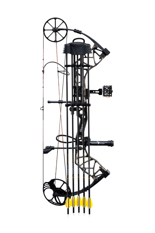 Side image showcase the Bear Species XT RTH Extra's Trophy Ridge ready to hunt package, five arrows, five inserts, five 100 grain field points, release, and three Broadheads. 