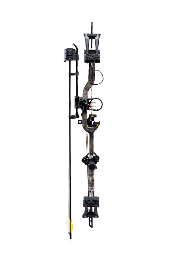 Front image of the Bear Species XT RTH Extra. Includes IMS® V-Biscuit rest, Picatinny-mounted Fatal 4 sight, five arrow quiver, stabilizer, peep sight, and wrist sling, five arrows precut to 29", five inserts, five 100 grain field points, release, and three broadheads. Bear Species bow. 