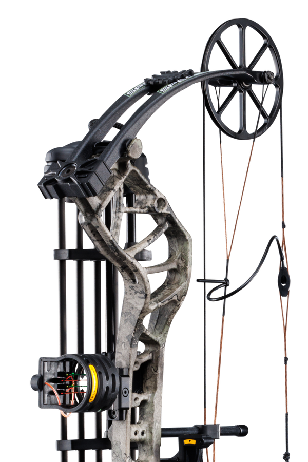 A close up of Bear Species bow, the Species XT RTH Extra, showcasing the limbs on the True Timber Strata color. 