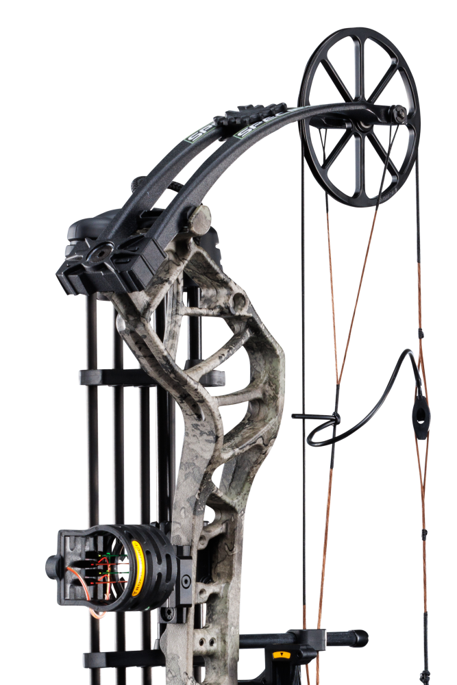 A close up of Bear Species bow, the Species XT RTH Extra, showcasing the limbs on the True Timber Strata color. 