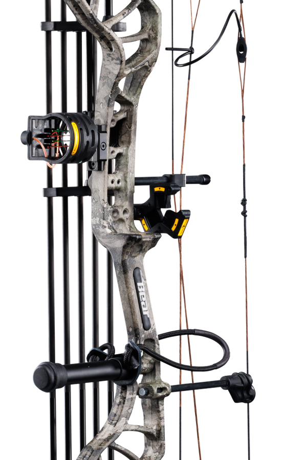 Close up of the Bear Species bow, the Species XT RTH Extra, showcasing some of the RTH package items including the sight, whisker biscuit, and stabilizer. 