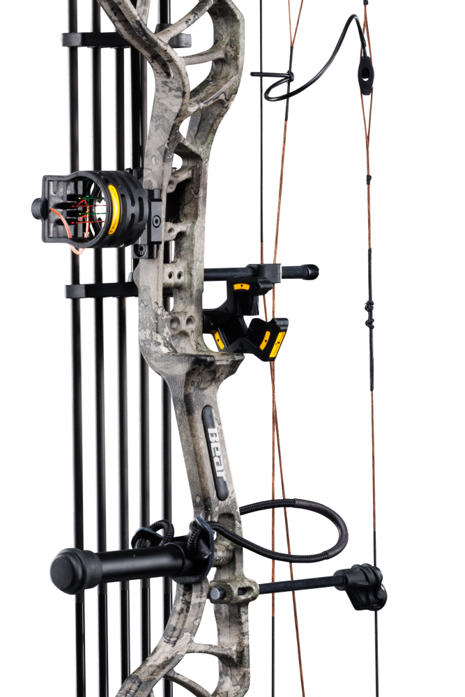 Close up of the Bear Species bow, the Species XT RTH Extra, showcasing some of the RTH package items including the sight, whisker biscuit, and stabilizer. 