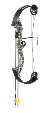Bear Archery Warrior kids archery set includes arrow rest, 1-pin sight, finger rollers, armguard, and arrow quiver.