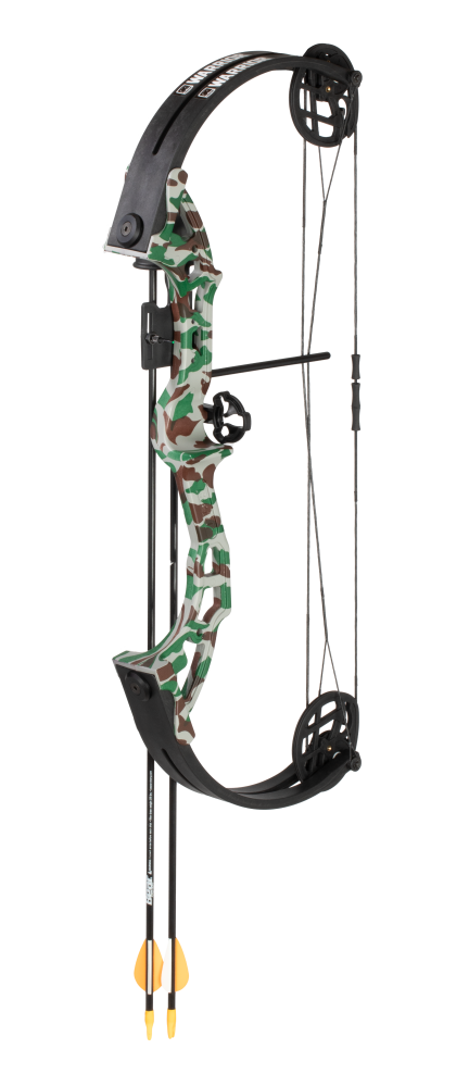 Bear Archery Warrior kids archery set includes arrow rest, 1-pin sight, finger rollers, armguard, and arrow quiver.