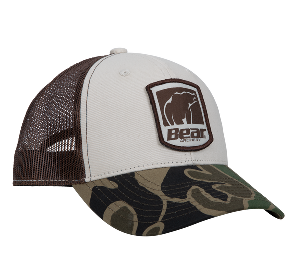 bear archery hat - bear archery white and fred bear camo hat with bear archery shield logo. 