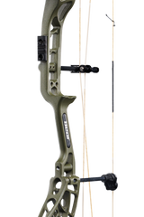 Close-up of the Bear Archery Whitetail INT Compound Bow in color Olive, showcasing its Integrated Mounting Rest and Picatinny sight mounting locations for easy customization.