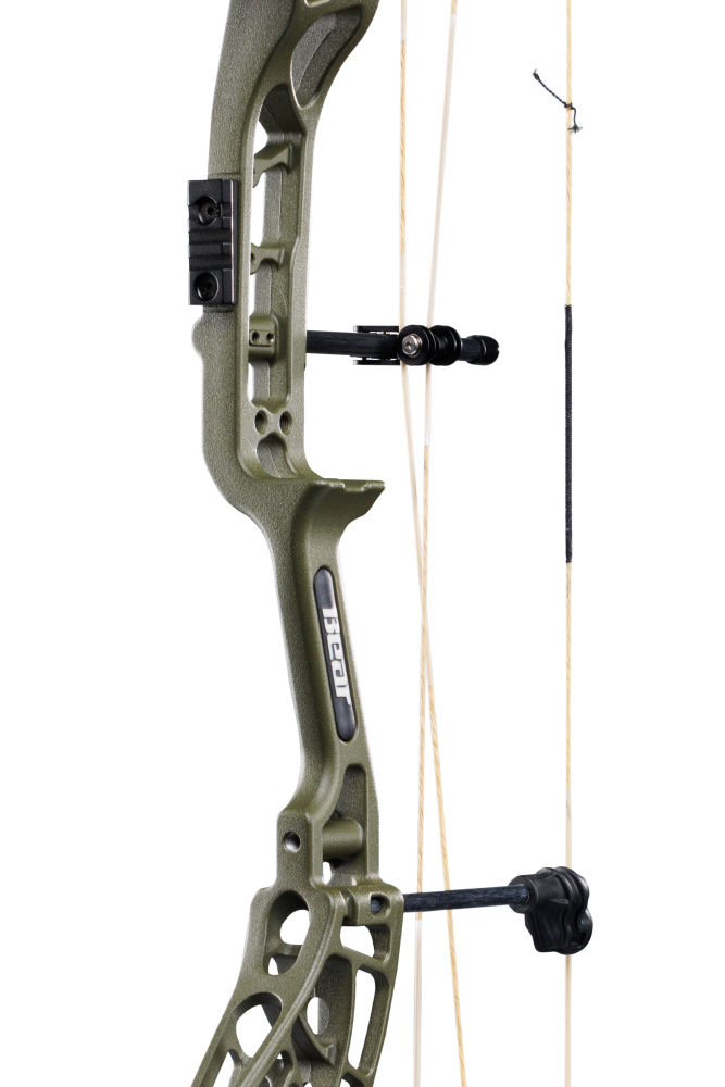 Close-up of the Bear Archery Whitetail INT Compound Bow in color Olive, showcasing its Integrated Mounting Rest and Picatinny sight mounting locations for easy customization.
