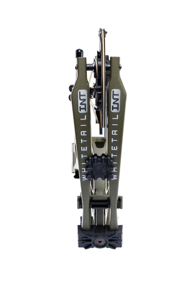 Close up of Bear Archery Whitetail INT compound bow for bowhunting in Olive color.
