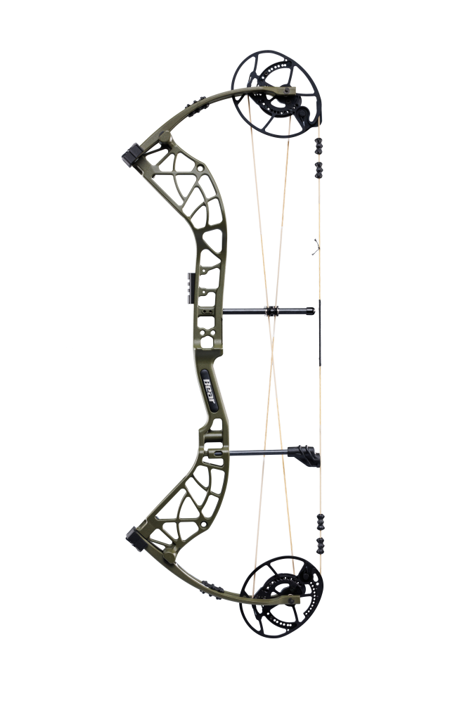 Side view of Bear Archery's Whitetail INT compound bow in color Olive highlighting its KillerWave limb dampeners.
