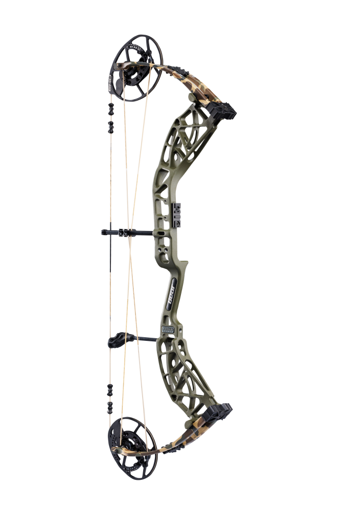 Bear Archery Whitetail INT Compound Bow for bowhunting displayed against a transparent background, emphasizing its professional build quality and Throwback Green color option.