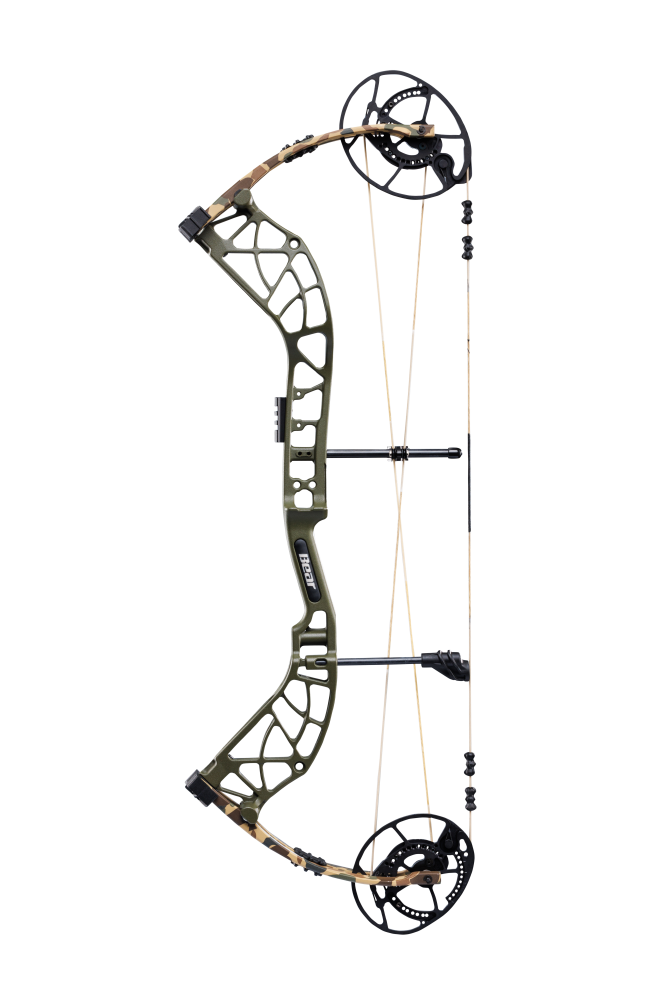 Side view of Bear Archery's Whitetail INT compound bow in color Throwback Green highlighting its KillerWave limb dampeners.