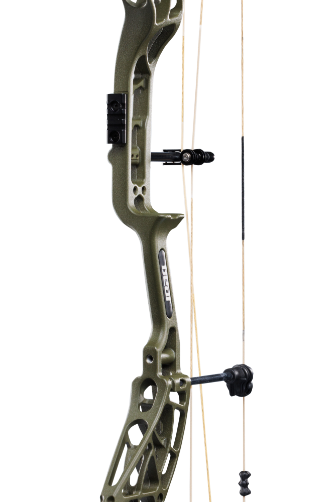Close-up of the Bear Archery Whitetail INT Compound Bow in color Veil Whitetail, showcasing its Integrated Mounting Rest and Picatinny sight mounting locations for easy customization.