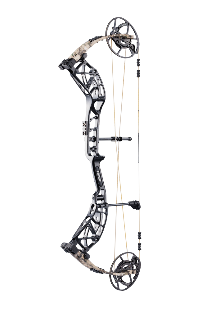 Bear Archery Whitetail INT Compound Bow for bowhunting displayed against a transparent background, emphasizing its professional build quality and Veil Whitetail color option.